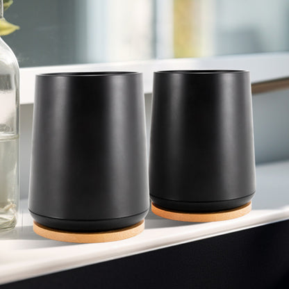 Plastic Toothbrush Cup with Bamboo Base Household Bathroom Essential-Black V1161-860004