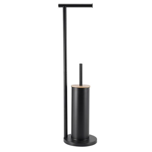 2-in-1 Iron Floor Standing Roll Paper Holder and Bamboo Lid Toilet Brush For Bathroom and Toilet-Black V1161-860036