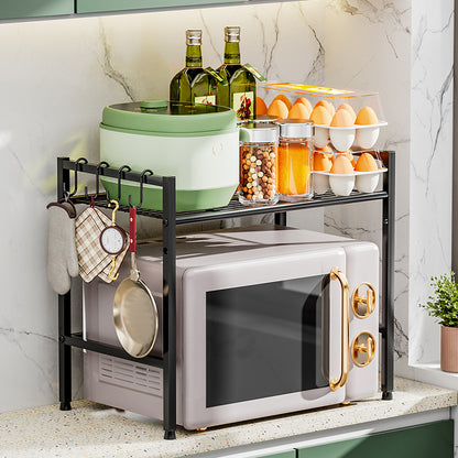 Metal Shelf For Microwave Oven 2 Level Kitchen Storage Rack With 4 Hooks-Black V1161-960109