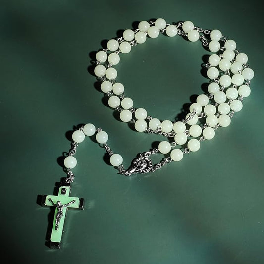 Rosary Beads Catholic - Green Rosaire Glow in the Dark Cross Necklace for Men Women-Green V1164-325763