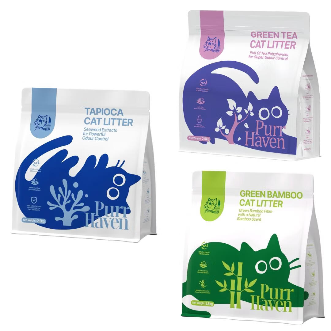 Purr Haven Assorted Cat Litter Set | Tapioca & Green Bamboo & Green Tea | 1 Pack per Type | 2.5 kg Per Pack V1165-PURRHAVEN-ASSORTED