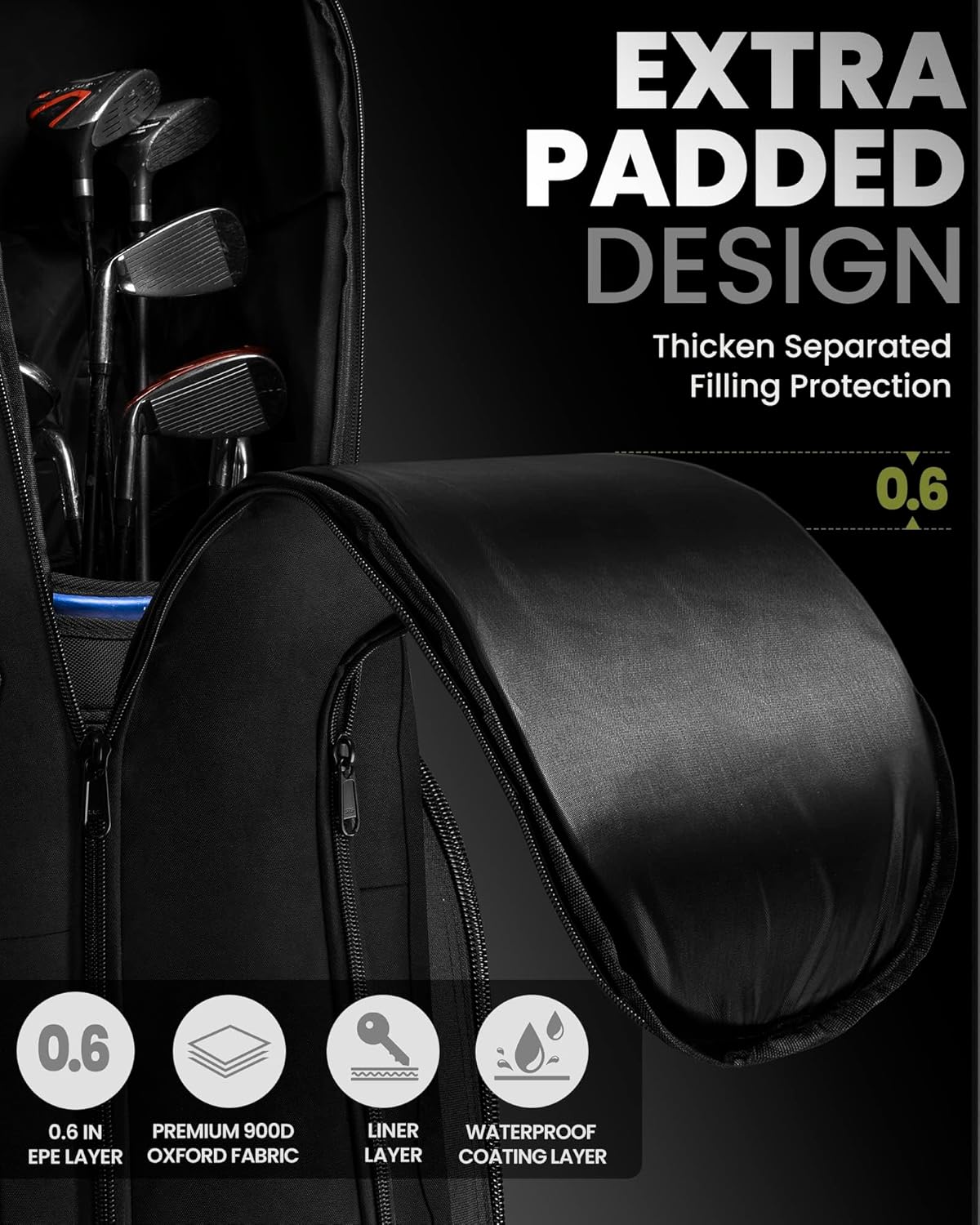 OutdoorMaster Padded Golf Club Travel Bag with Wheels, 900D Heavy Duty Oxford Waterproof -Alligators-Black V1168-1T-667I-963T