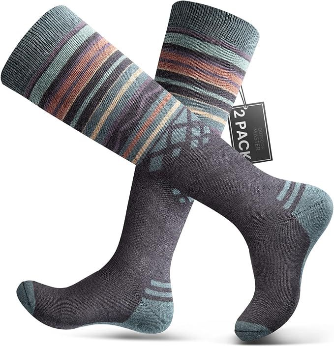 OutdoorMaster Ski Socks 2-Pack Merino Wool, Over The Calf Non-Slip Cuff for Men & Women-Gray,Medium