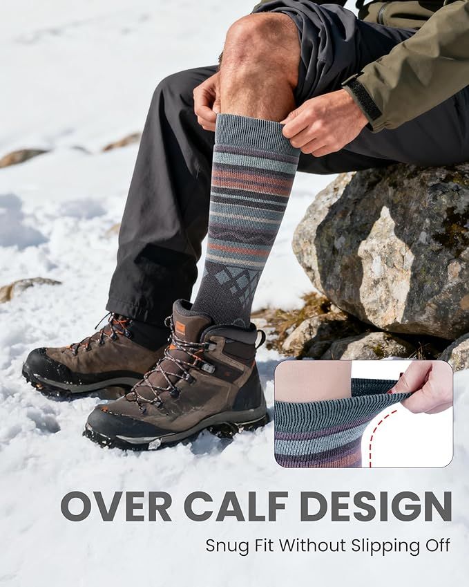 OutdoorMaster Ski Socks 2-Pack Merino Wool, Over The Calf Non-Slip Cuff for Men & Women-Gray,Medium