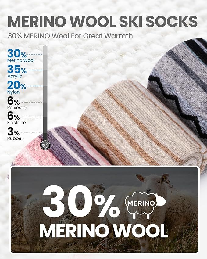 OutdoorMaster Ski Socks 2-Pack Merino Wool, Over The Calf Non-Slip Cuff for Men & Women-Black,Medium