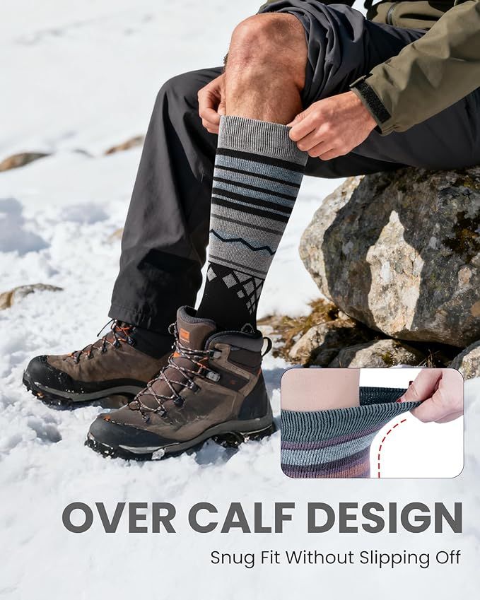 OutdoorMaster Ski Socks 2-Pack Merino Wool, Over The Calf Non-Slip Cuff for Men & Women-Black,Medium