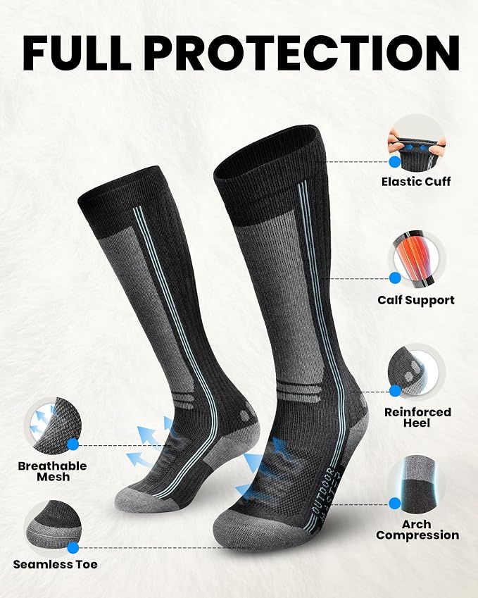 OutdoorMaster Thermolite Merino Wool Ski Socks, Compression Thermal Snowboarding Socks for Men & Women, Cold Weather-3-Pack