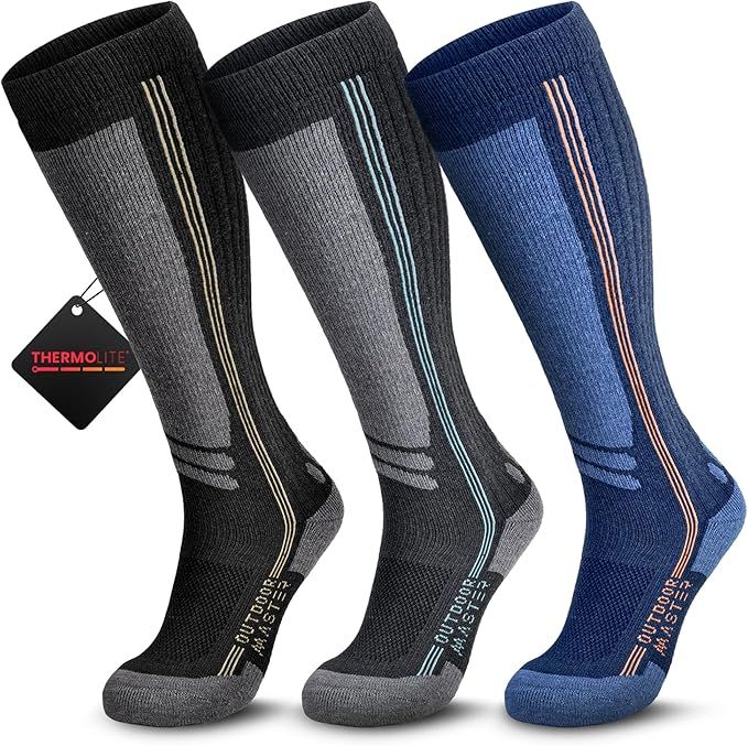 OutdoorMaster Thermolite Merino Wool Ski Socks, Compression Thermal Snowboarding Socks for Men & Women, Cold Weather-3-Pack