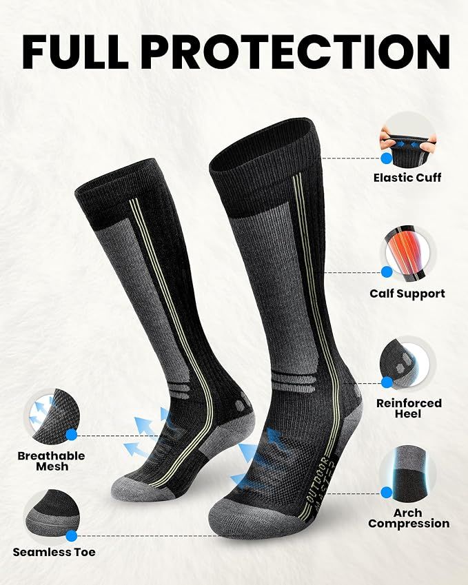 OutdoorMaster Thermolite Merino Wool Ski Socks, Compression Thermal Snowboarding Socks for Men & Women, Cold Weather-3-Pack