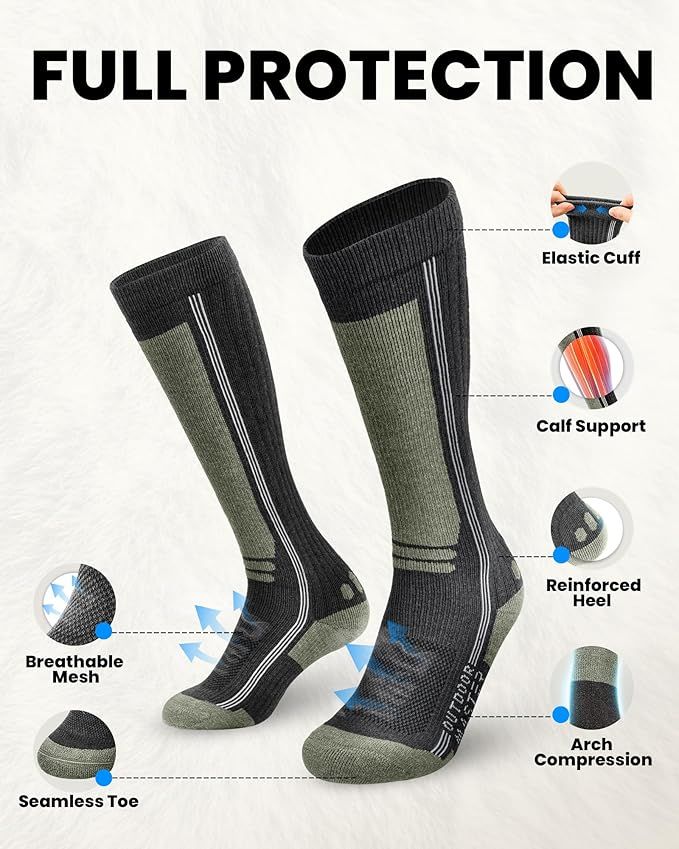 OutdoorMaster Thermolite Merino Wool Ski Socks, Compression Thermal Snowboarding Socks for Men & Women, Cold Weather-4-Pack