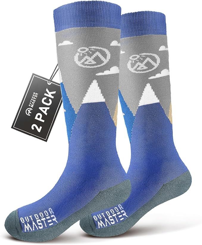 OutdoorMaster Merino Wool Ski Socks for Kids Boys & Girls Thermal Winter Warm Snowboarding Cold Weather-Blue Mountains - 2 Pack,Small