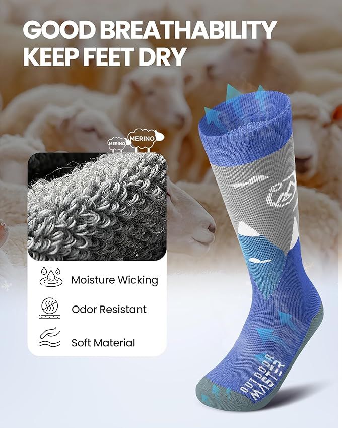 OutdoorMaster Merino Wool Ski Socks for Kids Boys & Girls Thermal Winter Warm Snowboarding Cold Weather-Blue Mountains - 2 Pack,Small