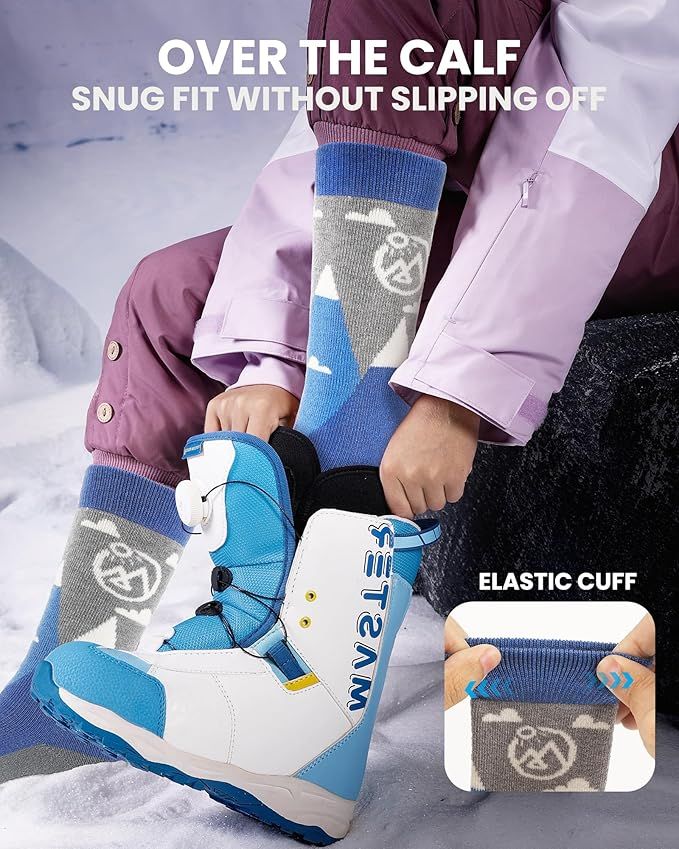 OutdoorMaster Merino Wool Ski Socks for Kids Boys & Girls Thermal Winter Warm Snowboarding Cold Weather-Blue Mountains - 2 Pack,Small