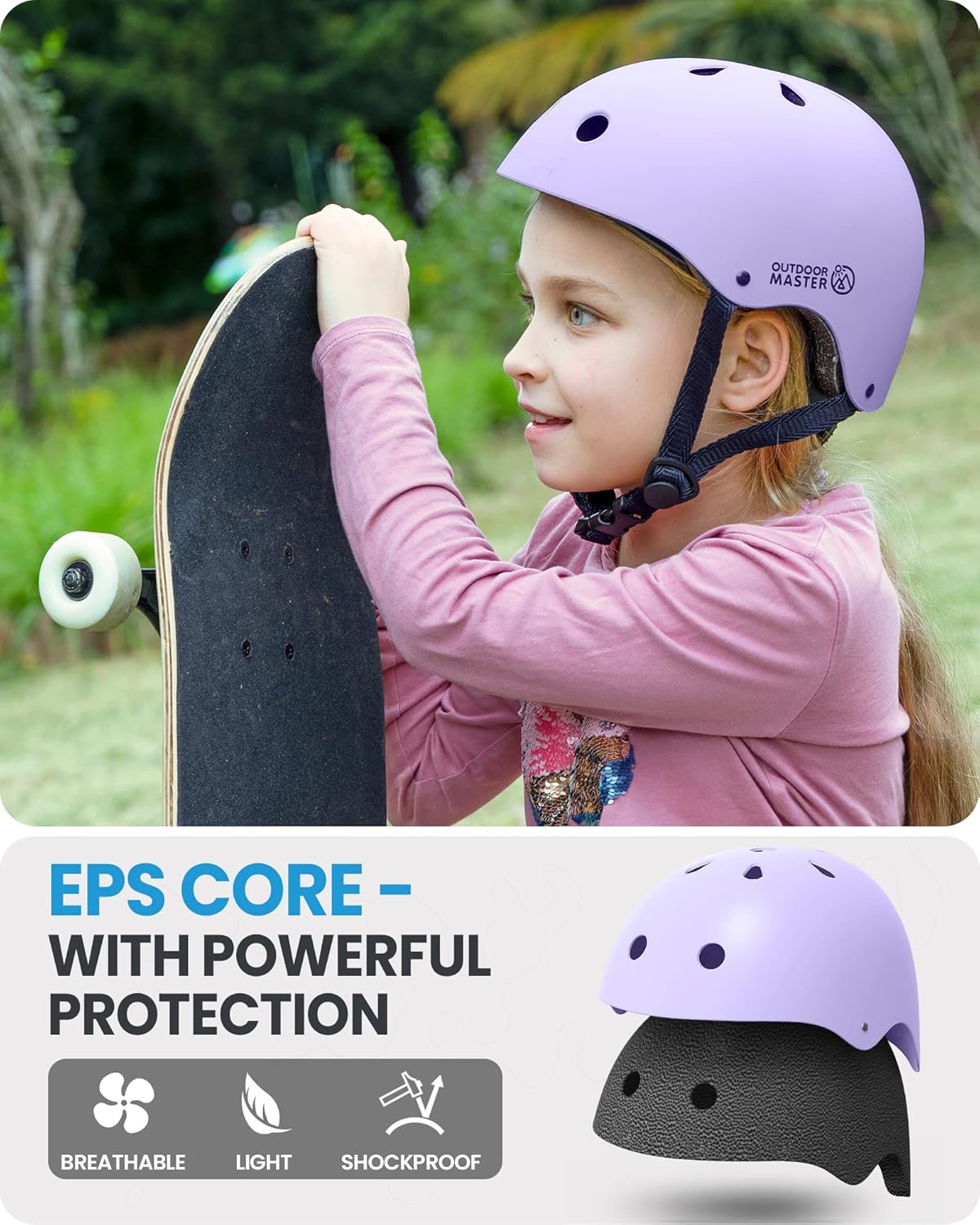 OutdoorMaster Youth & Kids Bike Helmet - Adjustable Multi-Sports Skateboard Helmet with Removable Liners for Balance Bike, Toddler Scooter, One Wheel Hoverboard-Taro purple-Small