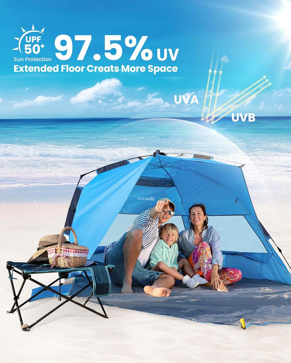 OutdoorMaster Pop Up 3-4 Person Beach Tent X-Large - Easy Setup, Portable Beach Shade Canopy Folding Sun V1168-OM-VA8L-BTNF