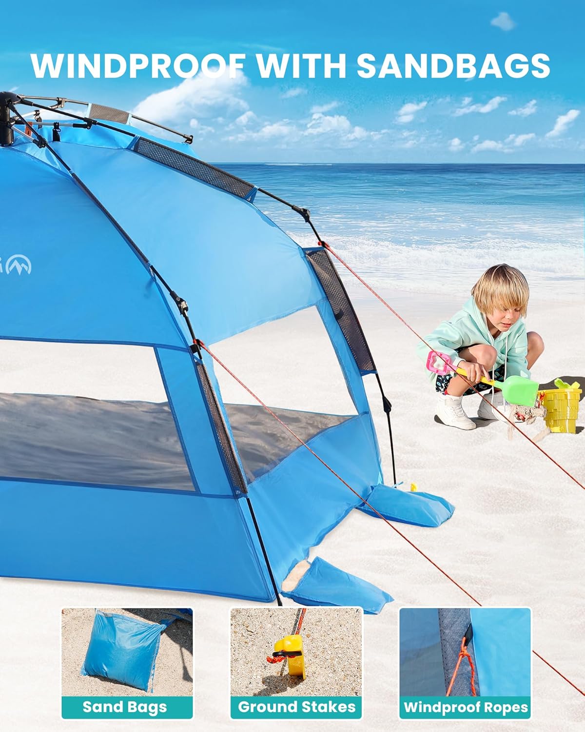 OutdoorMaster Pop Up 3-4 Person Beach Tent X-Large - Easy Setup, Portable Beach Shade Canopy Folding Sun V1168-OM-VA8L-BTNF