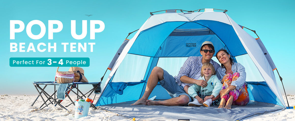 OutdoorMaster Pop Up 3-4 Person Beach Tent X-Large - Easy Setup, Portable Beach Shade Canopy Folding Sun V1168-OM-VA8L-BTNF