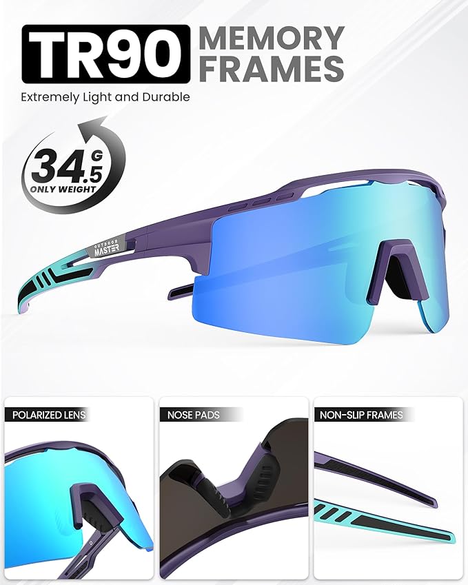 OutdoorMaster Hawk II Polarized Sports Sunglasses for Men Women, TAC 100% UV400 Protection TR90 Frame Cycling V1168-Q3-CC4N-U4QD