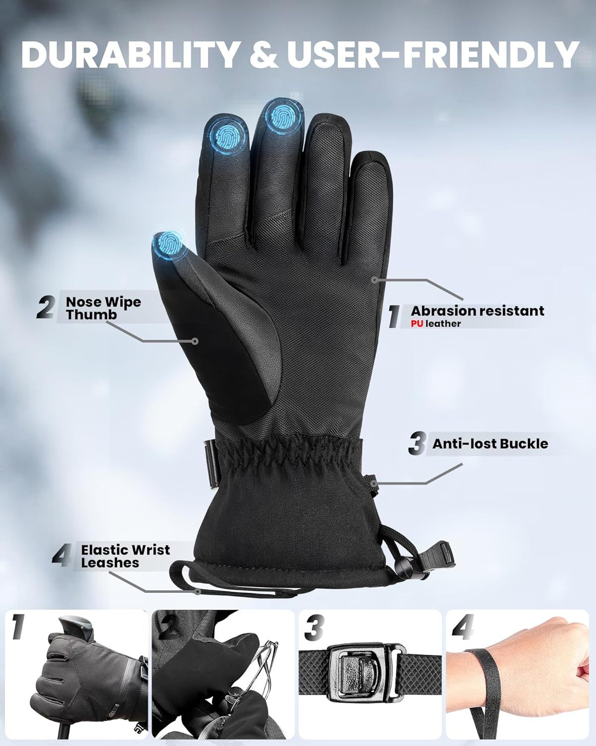 OutdoorMaster Ski Snow Gloves for Women & Men - 3M Thinsulate Waterproof Snowboard Winter Warm Windproof Snowmobile Gloves with Double-Pocket-Black,Medium