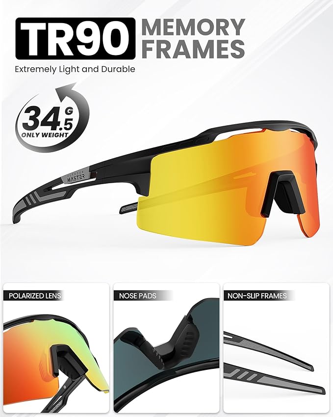 OutdoorMaster Hawk II Polarized Sports Sunglasses for Men Women, TAC 100% UV400 Protection TR90 Frame Cycling V1168-WX-7PDC-O1TK