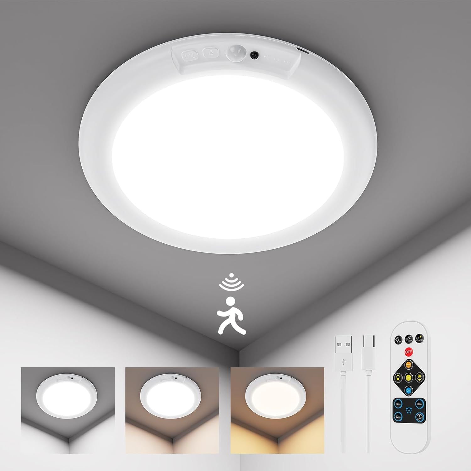 Rechargeable Motion Sensor Ceiling Light with Remote, Battery Ceiling Light Wireless, 3 Colors Dimmable V1171-CB-BOM000591