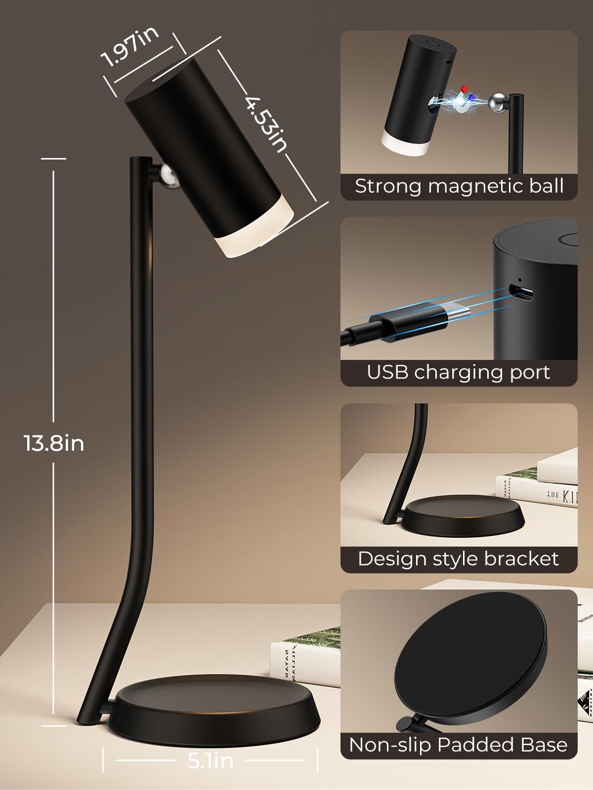 Cordless Table Lamps, Battery Operated Portable Table Light with Magnetic Adjustable Angle Head, 5000mAh V1171-CB-BOM000959