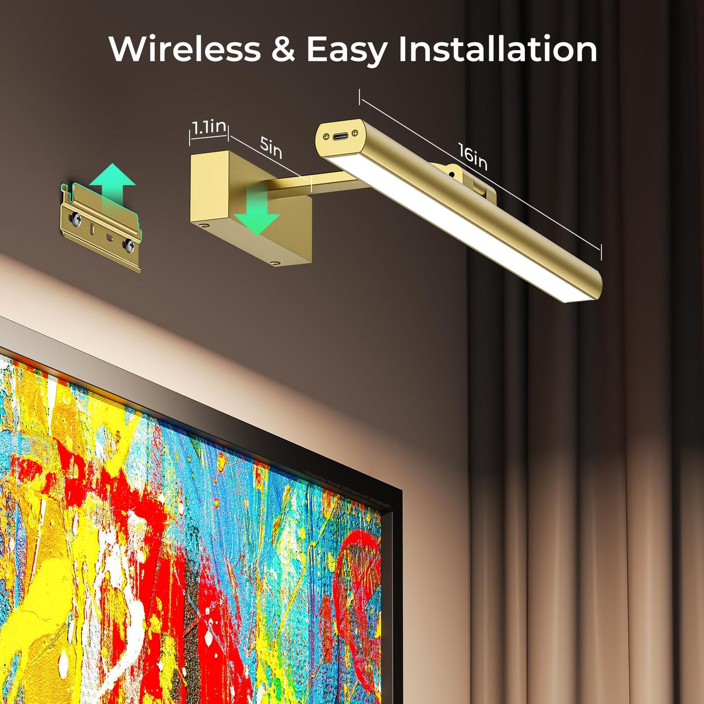 Wireless Picture Lights for Wall, Battery Operated Wall Light for Painting Rechargeable CCT Rotatable Art V1171-CB-BOM000968