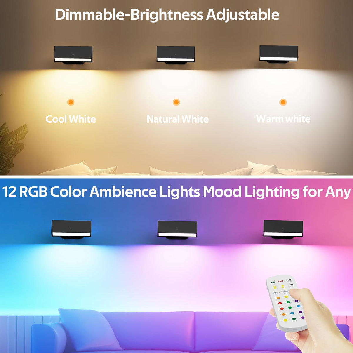 LED Wall Lights 2 Pack with Remote,Wall Sconces Lamp 3000mAh Rechargeable Battery Operated,3 Color V1171-CB-BOM001270
