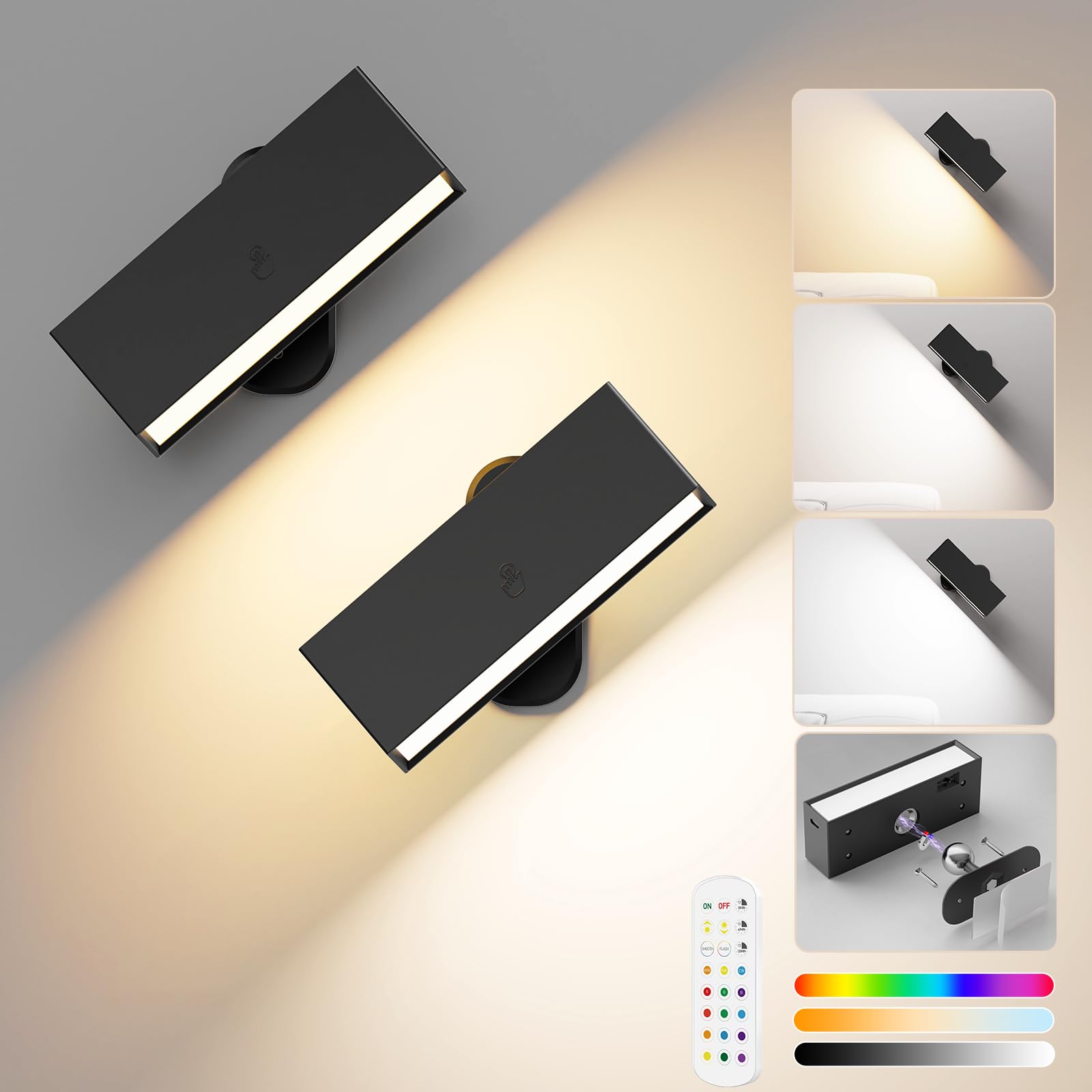 LED Wall Lights 2 Pack with Remote,Wall Sconces Lamp 3000mAh Rechargeable Battery Operated,3 Color V1171-CB-BOM001270