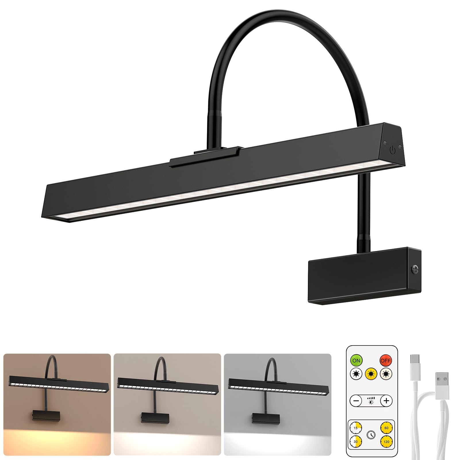 Picture Frame Light with Remote, Wireless 16 Inch Black Art Light, Battery Operated Picture Light with 3 CCT, V1171-CB-BOM001292
