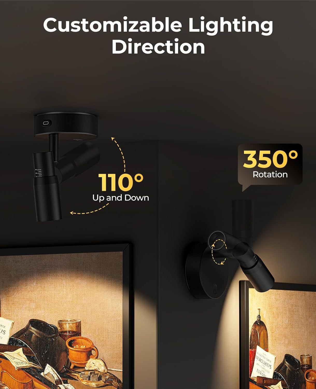 Zoomable Spot Lights Indoor, Rechargeable Picture Light with Remote, Dimmable CCT Spotlight for Wall Art, V1171-CB-BOM001447-2