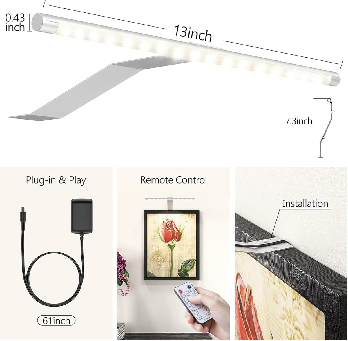 Picture Lights for Wall Plug in or Hardwired,3000K Warm White Dart Board Lights with Remote,13.5inches Silver V1171-CB-BOM001536