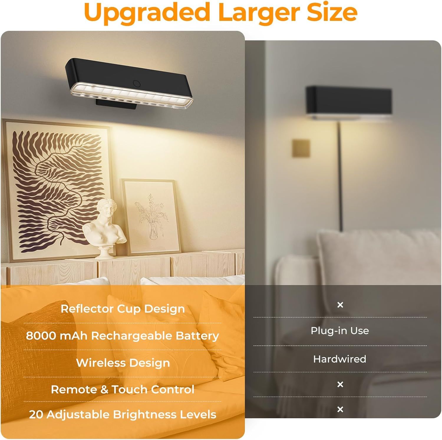 Battery Operated Wall Sconce Set of 2 Wireless Wall Lamp with Remote Control & Touch Control Rechargeable LED V1171-CB-BOM001605-2