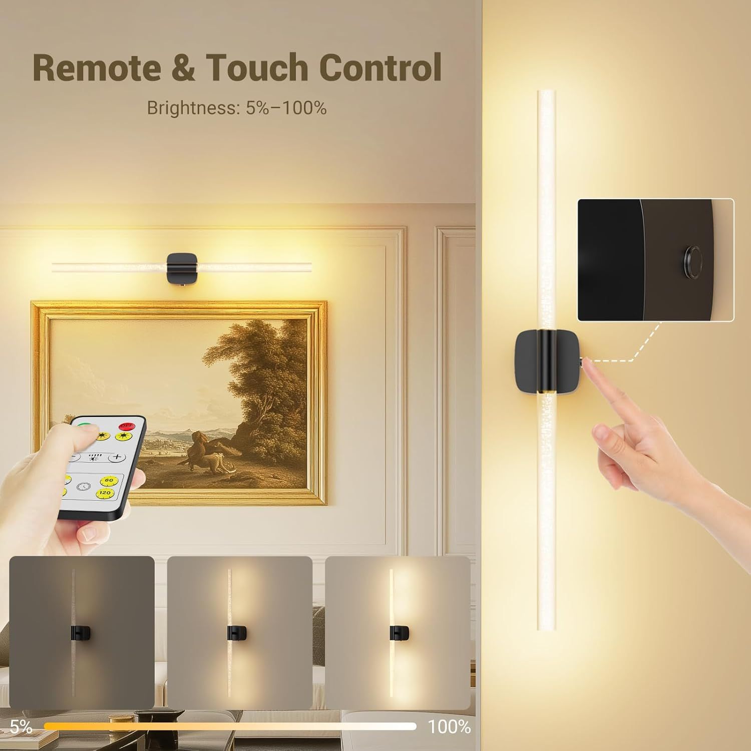 Black Battery Operated Wall Sconce Set of 2, Rechargeable Wireless Wall Lights with Remote and Touch, 360 V1171-CB-BOM001617