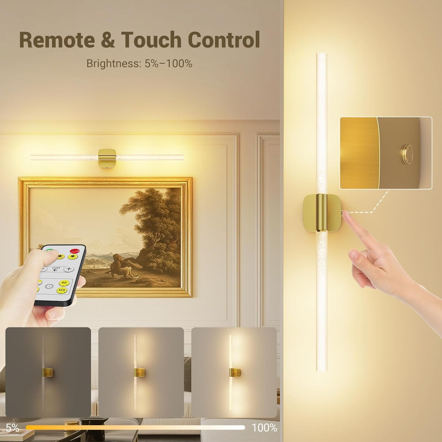 Gold Battery Operated Wall Sconce Set of 2, Rechargeable Wireless Wall Lights with Remote and Touch, 360 V1171-CB-BOM001618