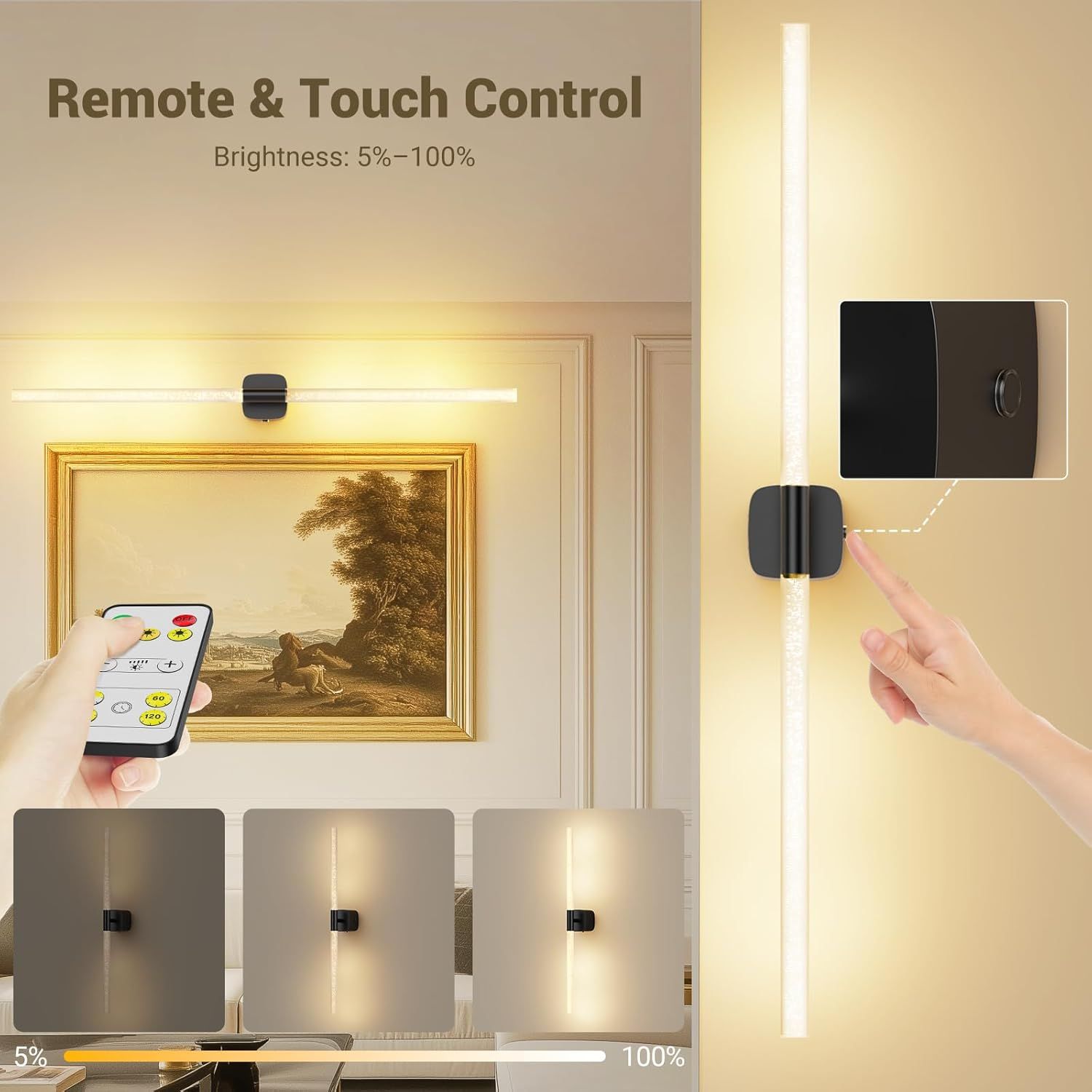 Black Battery Operated Wall Sconce Set of 2, Rechargeable Wireless Wall Lights with Remote and Touch, 360 V1171-CB-BOM001619