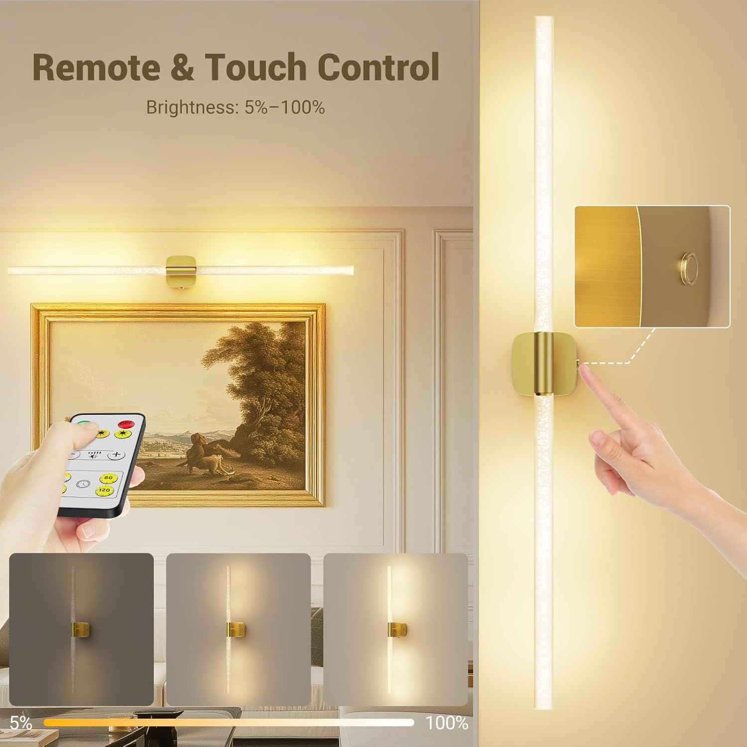 Gold Battery Operated Wall Sconce Set of 2, Rechargeable Wireless Wall Lights with Remote and Touch, 360 V1171-CB-BOM001620