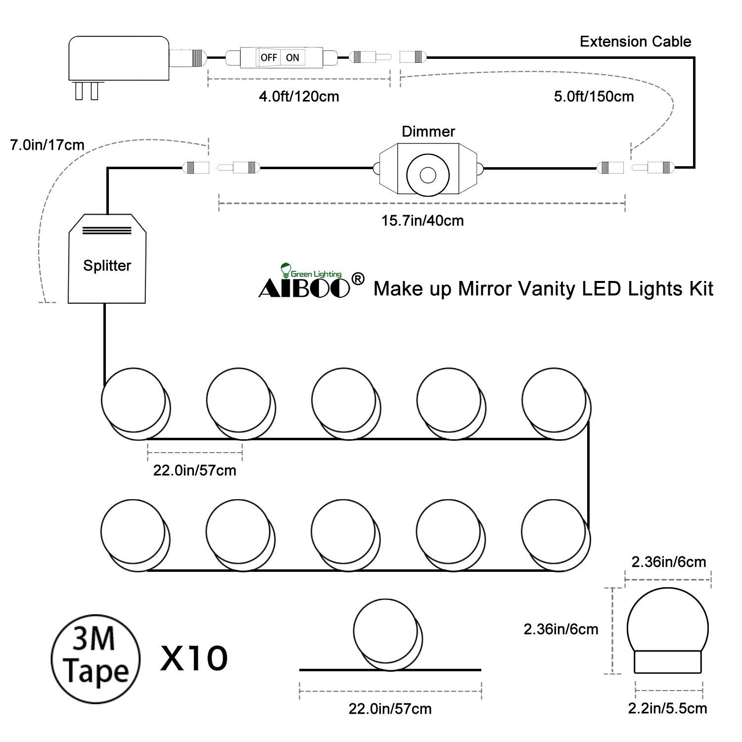 Hollywood Super Star Style Makeup Mirror Vanity LED Light Bulbs Kit for Dressing Table Dimmable & Plug in, V1171-CB-BQKBCD010