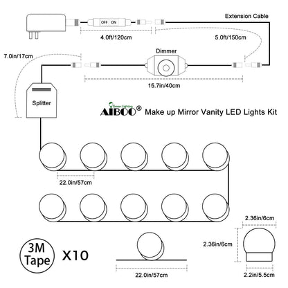 Hollywood Super Star Style Makeup Mirror Vanity LED Light Bulbs Kit for Dressing Table Dimmable & Plug in, V1171-CB-BQKBCD010