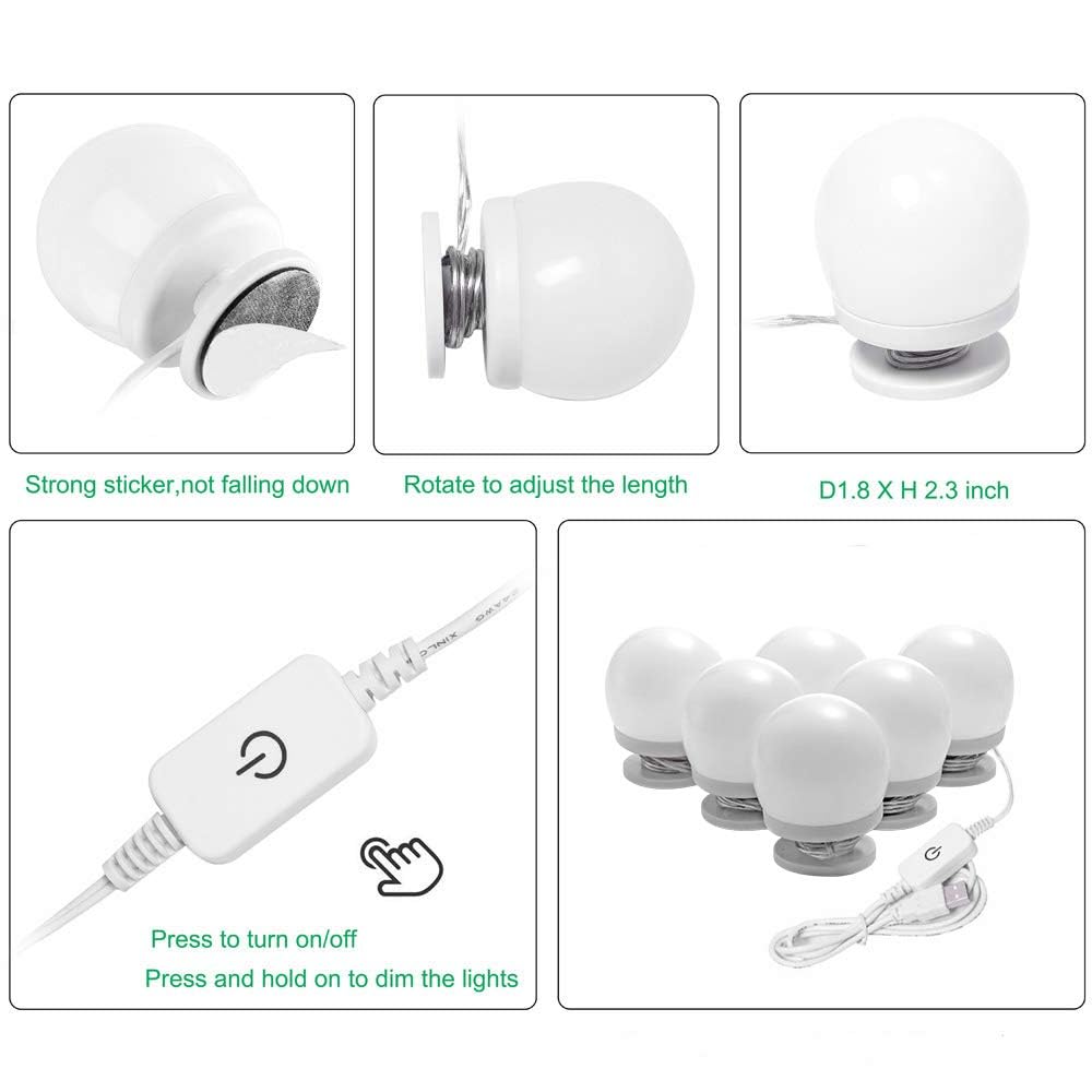 Dimmable Hollywood Style Lighted Vanity Makeup Mirror, LED Vanity Mirror Lights Kit with USB Port for V1171-CB-G6NUSBWUS