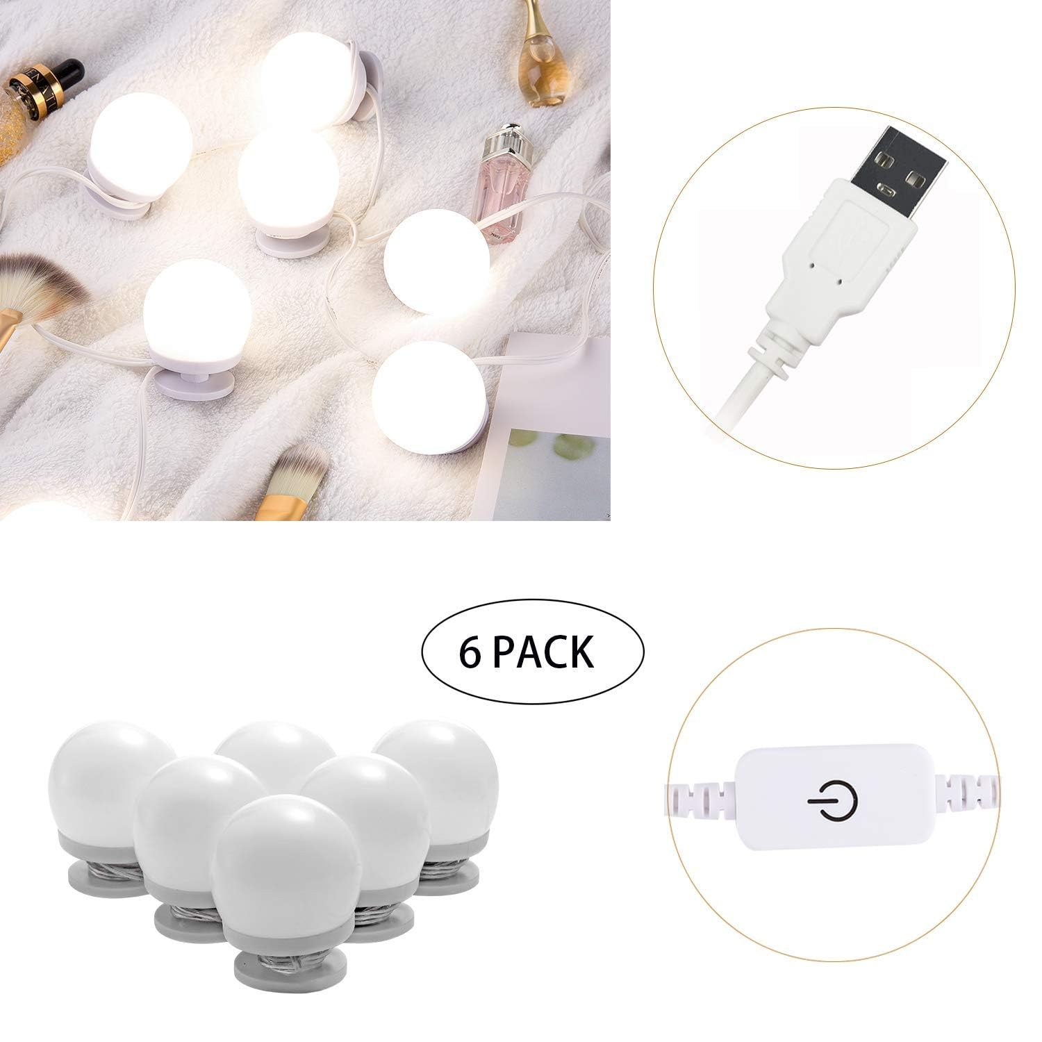 Dimmable Hollywood Style Lighted Vanity Makeup Mirror, LED Vanity Mirror Lights Kit with USB Port for V1171-CB-G6NUSBWUS