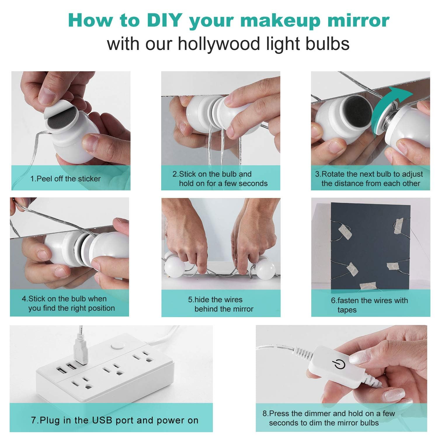 Dimmable Hollywood Style Lighted Vanity Makeup Mirror, LED Vanity Mirror Lights Kit with USB Port for V1171-CB-G6NUSBWUS