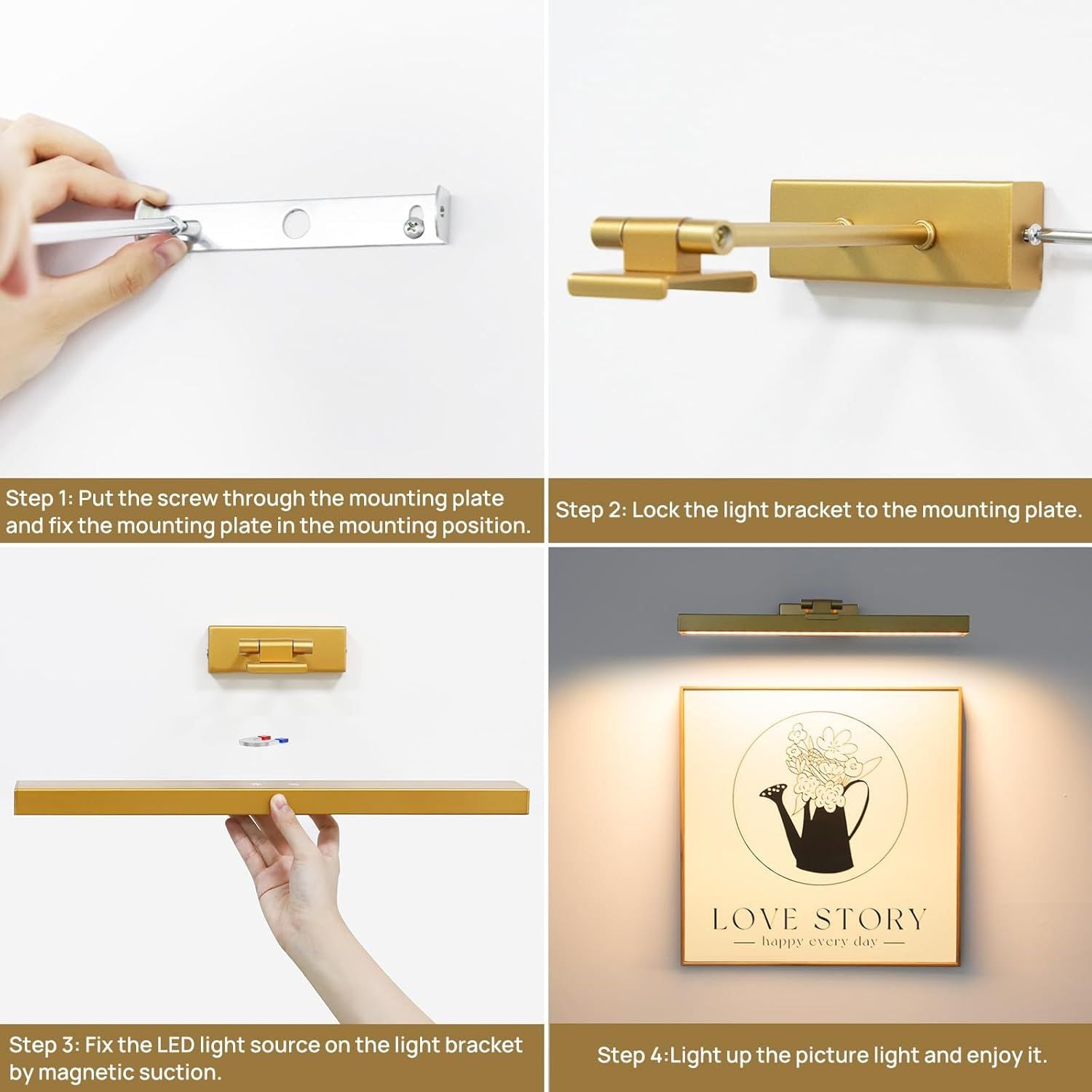 Picture Light Battery Operated, 16in Wireless Art Light for Paintings CCT Dimmable Recharging Battery Picture V1171-CB-GPL-1-USB-RM