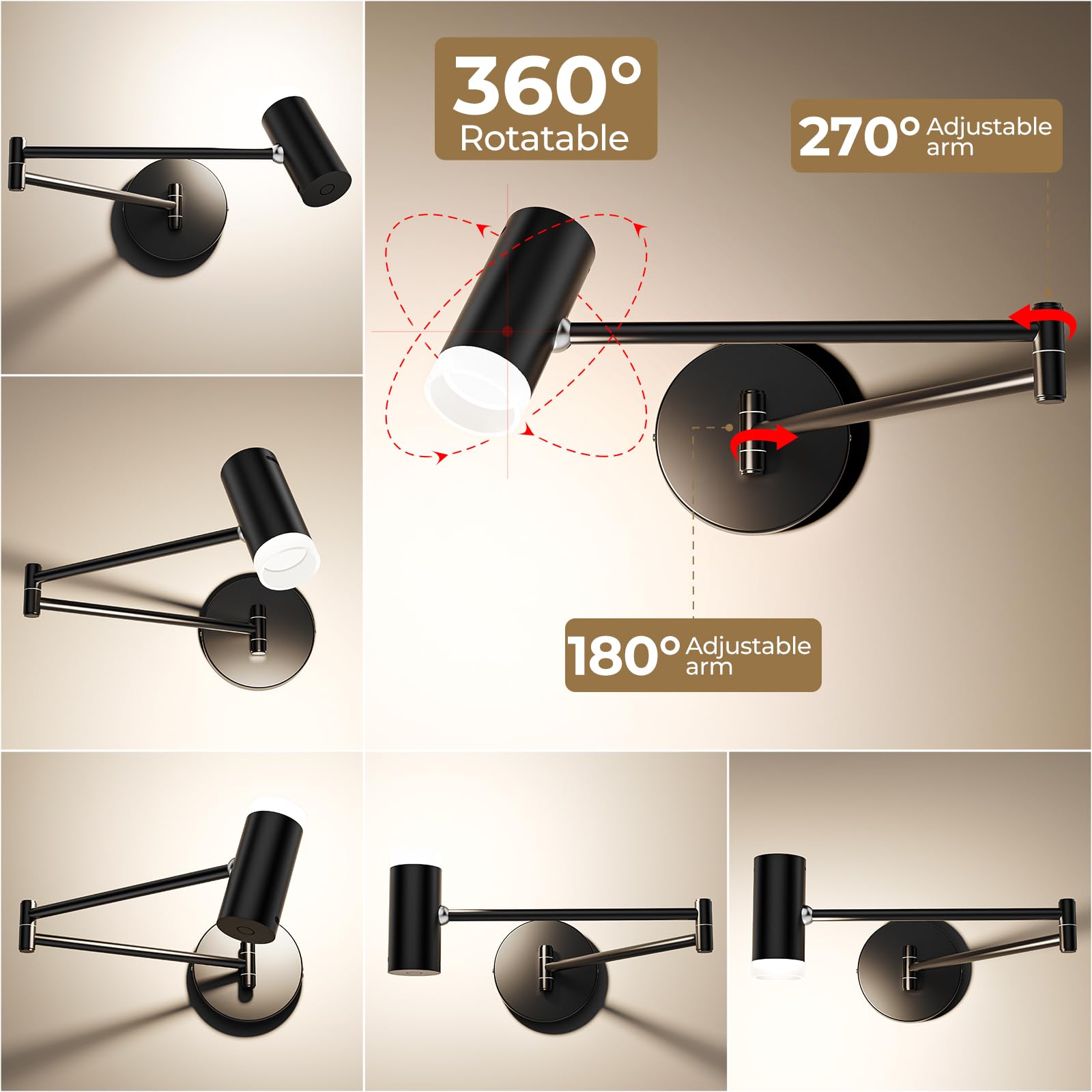 Battery Operated Wall Sconces Set of 2, Swing Arm Wall Lamp with Remote Control, Not Hardwired Led Wall Lamp V1171-CB-SA-CWL-CCT-2