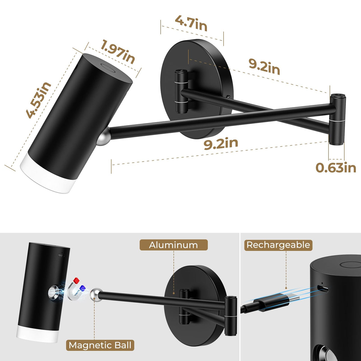 Battery Operated Wall Sconces Set of 2, Swing Arm Wall Lamp with Remote Control, Not Hardwired Led Wall Lamp V1171-CB-SA-CWL-CCT-2