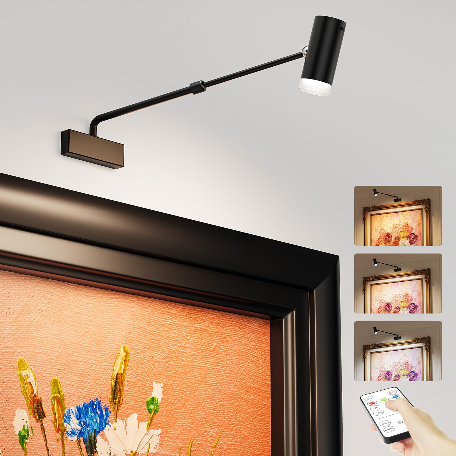 Rechargeable Picture Light with Remote Control, Adjustable Wall Sconce, 4000mAh Battery, Dimmable LED Art V1171-CB-SSPL-BLACK-1