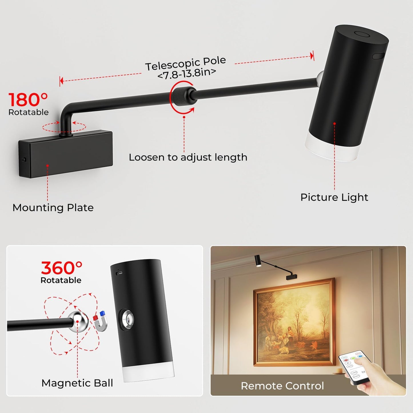 Rechargeable Picture Light with Remote Control, Adjustable Wall Sconce, 4000mAh Battery, Dimmable LED Art V1171-CB-SSPL-BLACK-1