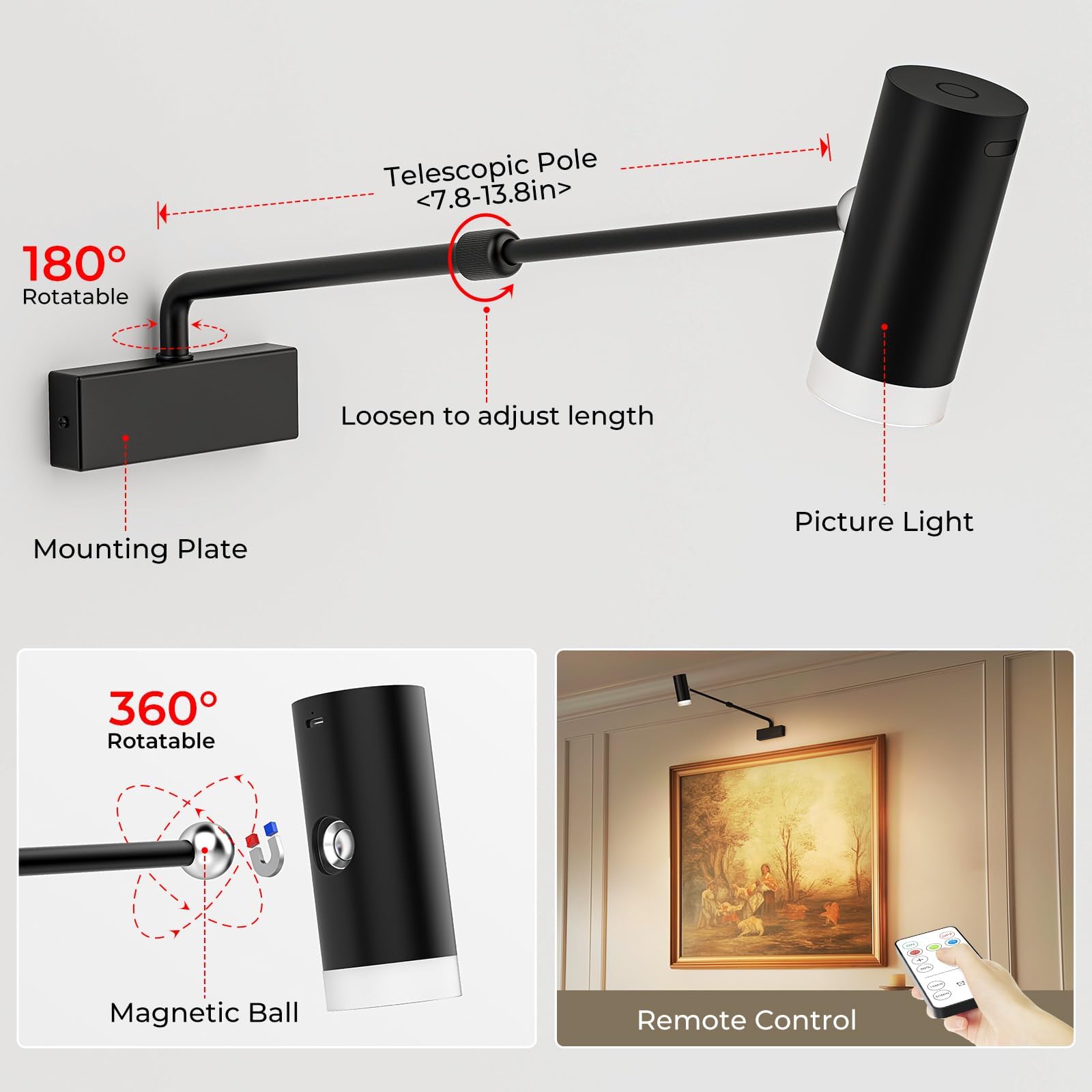 Rechargeable Picture Light with Remote Control, Adjustable Wall Sconce, 4000mAh Battery, Dimmable LED Art V1171-CB-SSPL-BLACK-1