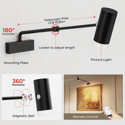 Rechargeable Picture Light with Remote Control, Adjustable Wall Sconce, 4000mAh Battery, Dimmable LED Art V1171-CB-SSPL-BLACK-1