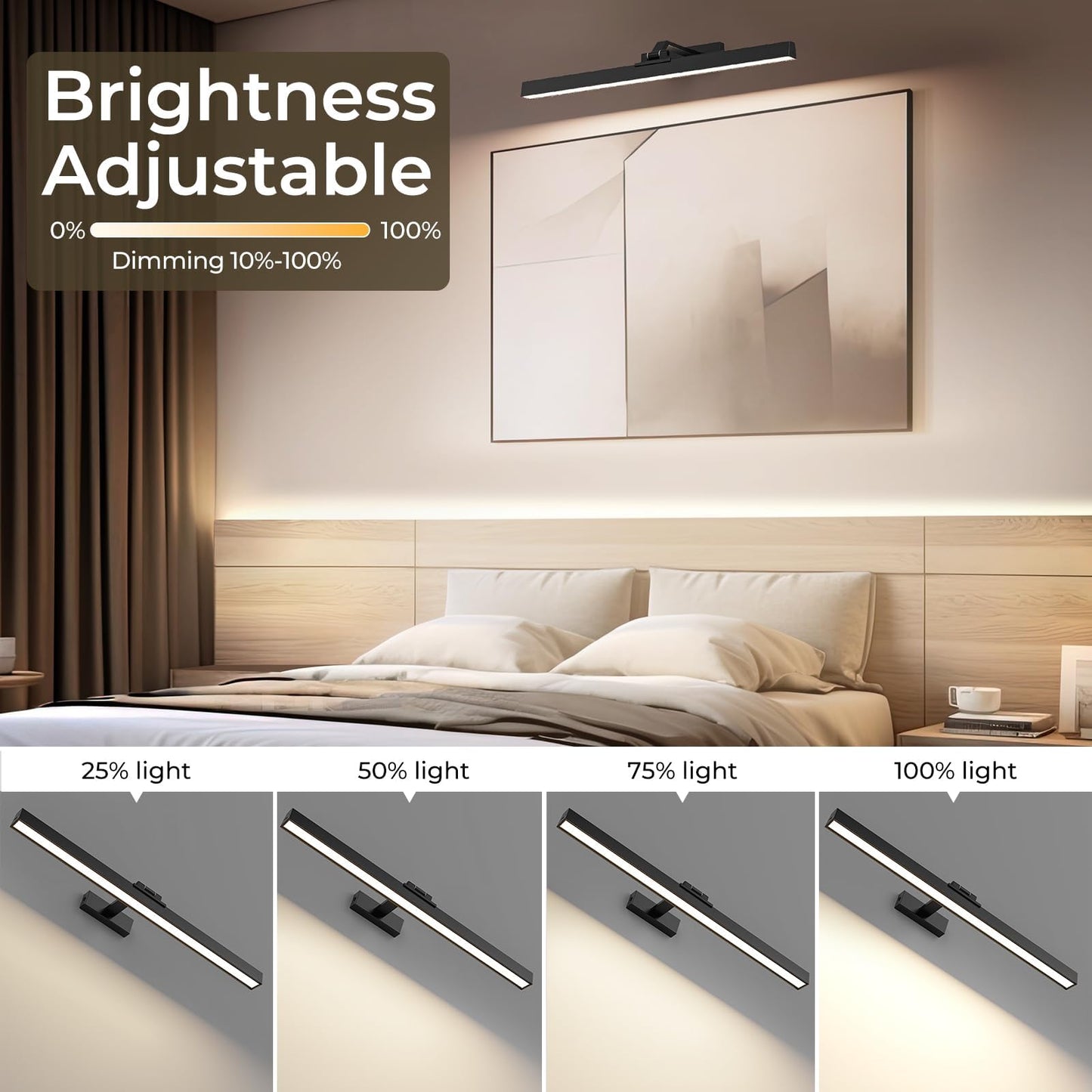 Wall Picture Light, 24in Battery-Powered Gallery Light for Artwork, CCT Dimmable Rechargeable Battery Wall V1171-CB-TR-BPL-1-USB-RM-60CM